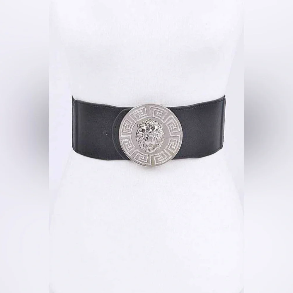 Gold Lion Medallion Large Buckle Stretch Statement Belt